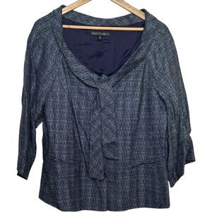 Lafayette 148 New York Blue Tweed Tie Neck Linen Blend Button Front Jacket